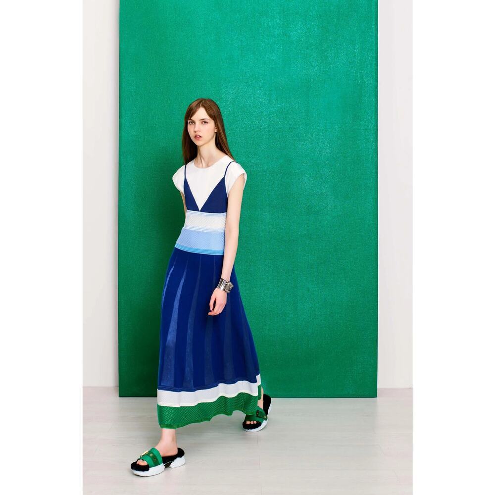 Agnona Resort Viscose Cashmere Knit Mesh Midi Dress Blue Green Made Italy Medium